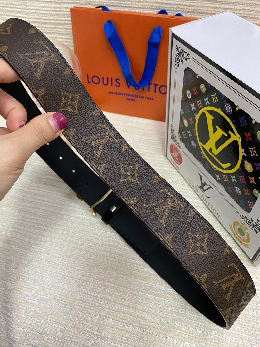 LOUIS VUITTON LV 25S BELT 38 MM IN DARK BROWN CALFSKIN PRINT PATTERNS 593286