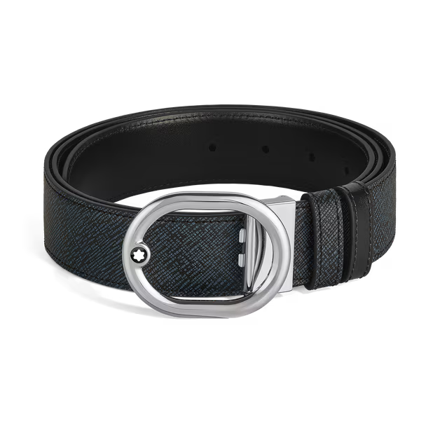 Montblanc L'Ovale reversible belt 35 mm in blue tweed/black leather 221025