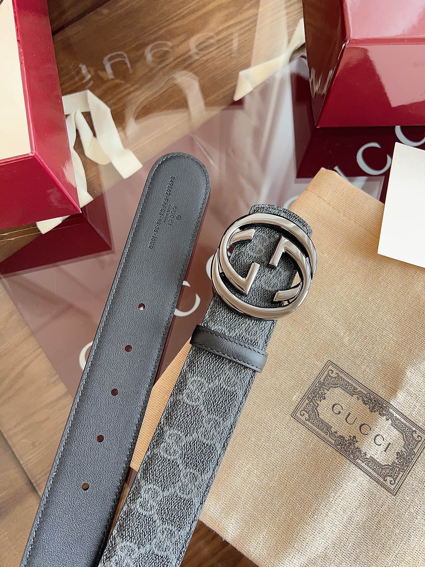 Gucci Supreme Belt Blunt Copper Buckle 40mm Slate Gray Leather Canvas