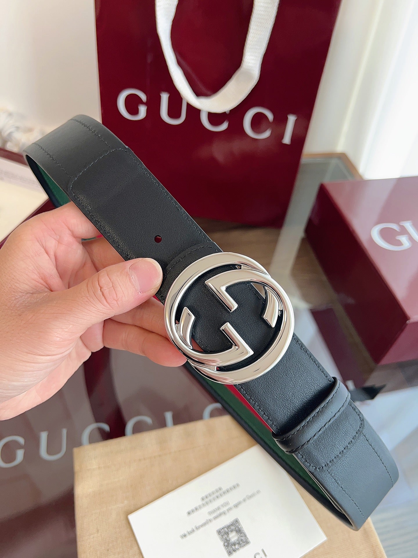 Gucci Supreme Belt Sliver Buckle 40mm Black Leather With Green Red Canvas